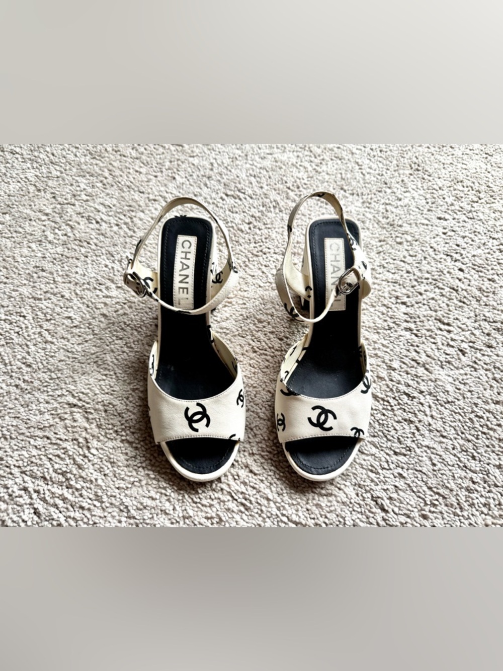 CHANEL 22SS Runway Style Printed CC Slingback Heeled Sandals, Size 37